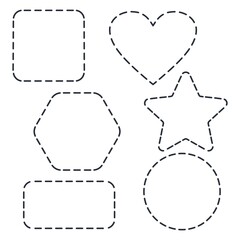 A set of dashed line shapes with rounded edges. Square, heart, star, hexagon, circle. Vector badges isolated on white background.