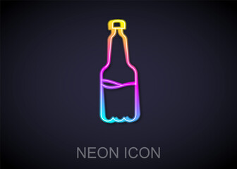 Glowing neon line Plastic beer bottle icon isolated on black background. Vector