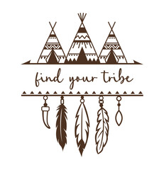 Teepee vector illustration with quote. Tribal design frame with place for text. Native american symbol. Boho style drawing print. Indian sign silhouette. Vintage ornament wigwam. © Ansty art
