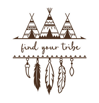 Teepee vector illustration with quote. Tribal design frame with place for text. Native american symbol. Boho style drawing print. Indian sign silhouette. Vintage ornament wigwam.