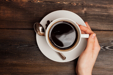 hot coffee mug wooden table rest breakfast snack