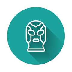White line Mexican wrestler icon isolated with long shadow background. Green circle button. Vector