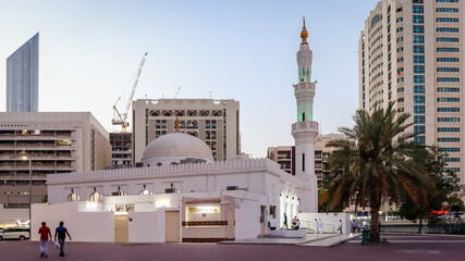 Capital of UAE, Abu Dhabi 12 April 2021 - City of United Arab Emirates at dusk