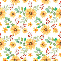 Seamless floral pattern with sunflower flowers,barberry berries,small honey flowers and twigs with green leaves of different sizes.Great for fabric,scrapbook paper and scrapbooking,postcards and decor