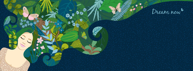 Beautiful floral background, panorama. Concept with lying girl in dream, hair of leaves, colorful flowers, butterflies. For women's day on march 8, cover social network, wedding. Vector illustration.