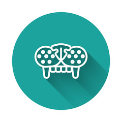 White line Cat tooth icon isolated with long shadow background. Green circle button. Vector