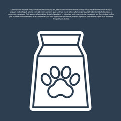 Blue line Bag of food for pet icon isolated on blue background. Food for animals. Dog bone sign. Pet food package. Vector