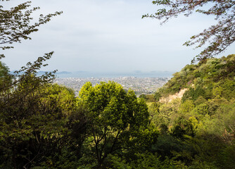 Scenic view of Imabari city and Seto Inland Sea from an overlook near Senyuji, temple number 58 of Shikoku pilgrimage - Ehime prefecture, Japan