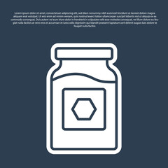 Blue line Jar of honey icon isolated on blue background. Food bank. Sweet natural food symbol. Vector