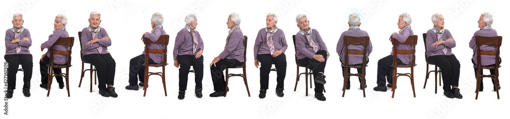 Wall mural line of large group of same senior woman sitting on white background