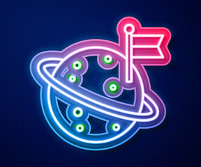 Glowing neon line Moon with flag icon isolated on blue background. Vector
