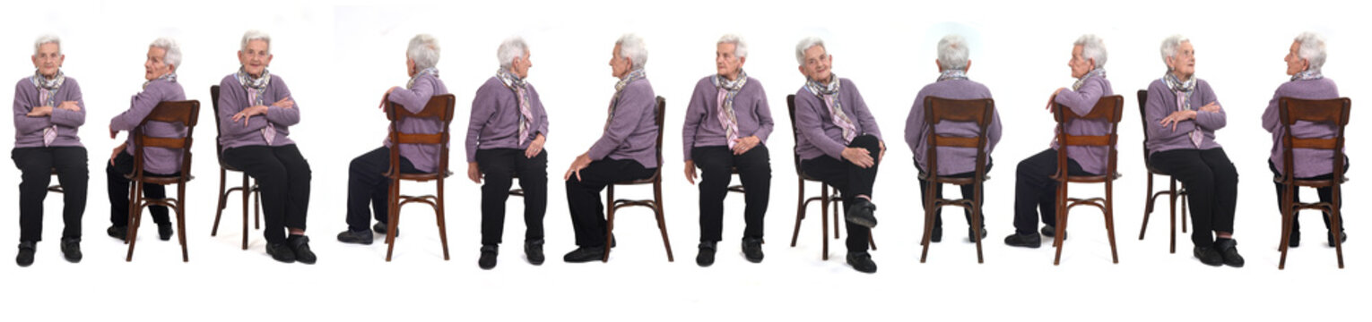 line of large group of same senior woman sitting on white background