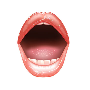 Shining beautiful female nude lips colored in pink lipstic color isolated vector illustration. Amazed open mouth with teeth
