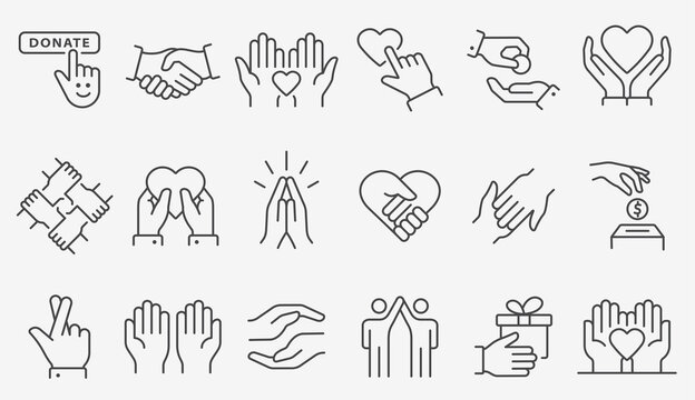 Charity line icon set. Collection of donate, volunteer, help, solidarity and more. Editable stroke.