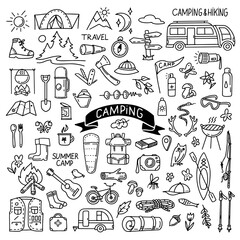 Hand drawn camping and hiking elements in doodle style isolated on white background. Outline vector illustration. Design for prints, poster, trip, travel card - obrazy, fototapety, plakaty