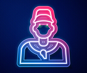 Glowing neon line Baseball coach icon isolated on blue background. Vector