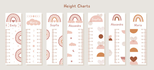 Big Vector Set of kids height charts with abstract boho shapes and rainbows in terracotta colors. Meter wall with trendy design. Children growth chart. Bohemian earthy celestial elements for nursery. - obrazy, fototapety, plakaty
