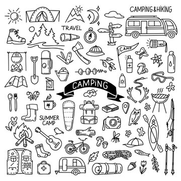 Hand drawn camping and hiking elements in doodle style isolated on white background. Outline vector illustration. Design for prints, poster, trip, travel card