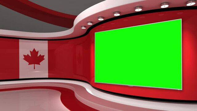 Canada. Canada flag. TV studio. News studio.  Loop animation. Background for any green screen or chroma key video production. 3d render. 3d 