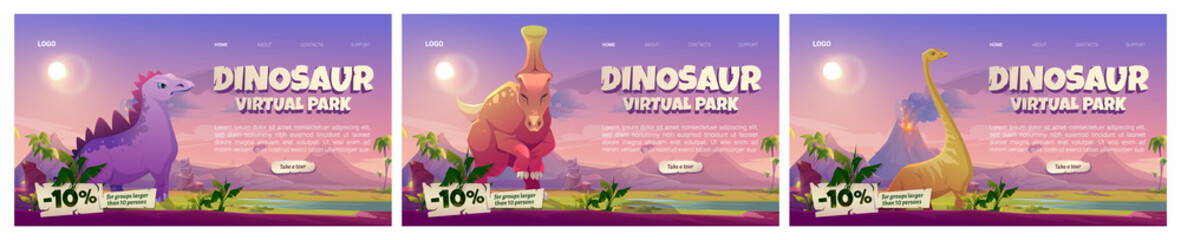 Dinosaur virtual park banners. VR technologies, augmented reality with ancient reptiles. Vector set of website templates with cartoon landscape of jurassic era with dino characters and volcano © klyaksun