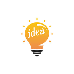 New idea symbol, flat bright cartoon bulb. Idea icon, circle logo, Stylized sign of vector lightbulbs, white and orange color logotype