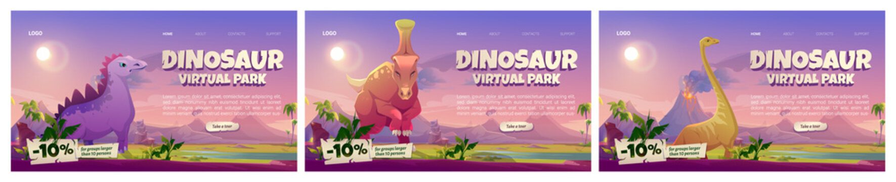 Dinosaur virtual park banners. VR technologies, augmented reality with ancient reptiles. Vector set of website templates with cartoon landscape of jurassic era with dino characters and volcano