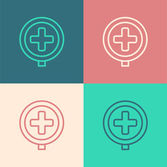 Obraz premium Pop art line Hospital road traffic icon isolated on color background. Traffic rules and safe driving. Vector