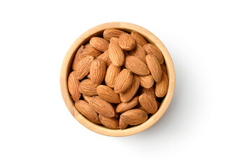 Flat lay (top view) of Close-up Almond nuts  in wooden bowl  isolated on white background. Clipping path.