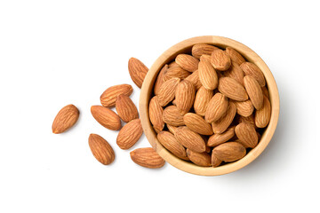 Flat lay (top view) of Close-up Almond seeds  in wooden bowl  isolated on white background.