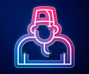 Glowing neon line Muslim man icon isolated on blue background. Vector