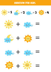 Addition for kids with cute kawaii suns and clouds.