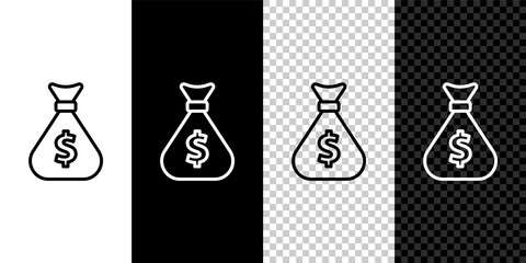 Set line Money bag icon isolated on black and white, transparent background. Dollar or USD symbol. Cash Banking currency sign. Vector