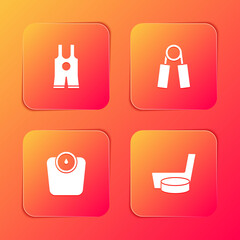 Set Wrestling singlet, Sport expander, Bathroom scales and Ice hockey stick puck icon. Vector