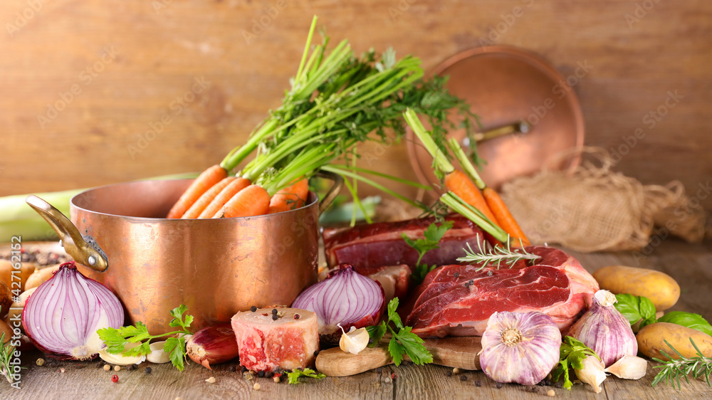 Sticker cooking pan with vegetables and meat beef