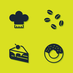 Naklejka premium Set Chef hat, Donut, Piece of cake and Coffee beans icon. Vector