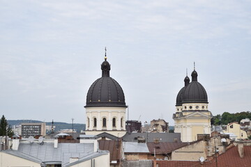 Fototapeta na wymiar view of the roofs and the church in the center of Lviv 