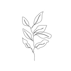 Leaves Continuous One Line Drawing. Black Line Floral Sketch on White Background. Leaves Branch Simple Outline Illustration Minimalist Modern Style. Vector EPS 10.