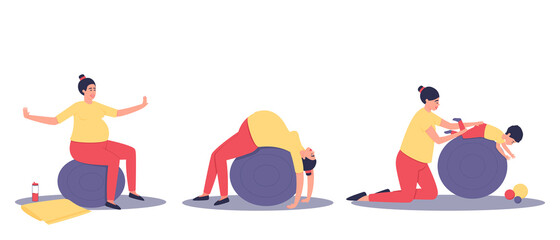 A set of activities on a large ball for a pregnant woman and a baby. Relaxation of the pregnant woman. Mom and baby are doing exercises on the ball. Flat vector illustration.