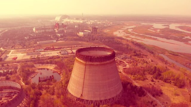 Chernobyl Nuclear Power Plant, toned video. Territory contaminated by radiation near the Chernobyl NPP. Environmental pollution by radiation. Radioactive contaminated environment. Exclusion Zone 1986.