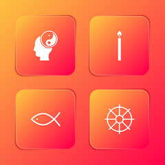 Set Yin Yang, Burning candle, Christian fish and Dharma wheel icon. Vector