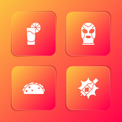 Set Tequila glass with lemon, Mexican wrestler, Taco tortilla and Tabasco sauce icon. Vector