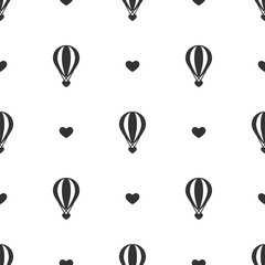 black hot air baloons with hearts on white background. Flat cartoon vector ornament.