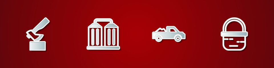 Set Wooden axe, Granary, Pickup truck and Basket icon. Vector