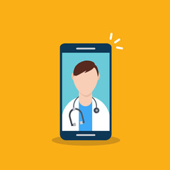 Telemedicine, smart phone with doctor on screen.