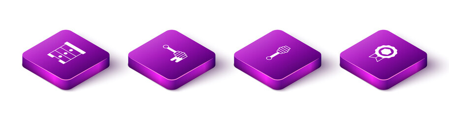 Set Isometric Hive for bees, Honey dipper stick with honey, and medal icon. Vector