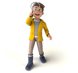 Fun 3D Illustration of a cartoon kid with rain gear