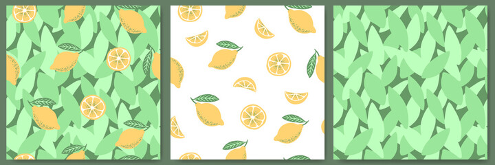 Lemon seamless pattern set yellow green background