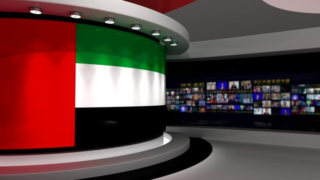 TV studio. Dubai flag studio. Dubai flag background. News studio. The perfect backdrop for any green screen or chroma key video or photo production. 3d render. 3d
