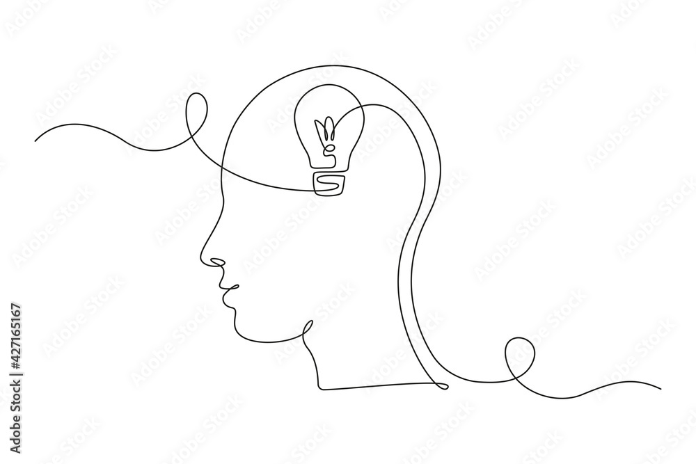 Aufkleber lightbulb in head in one single line drawing for logo, emblem, web banner, presentation. simple crea