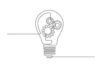 Wall murals One line Lightbulb with gear wheels in One single Line drawing for logo, emblem, web banner, presentation. Simple creative innovation concept. Vector illustration